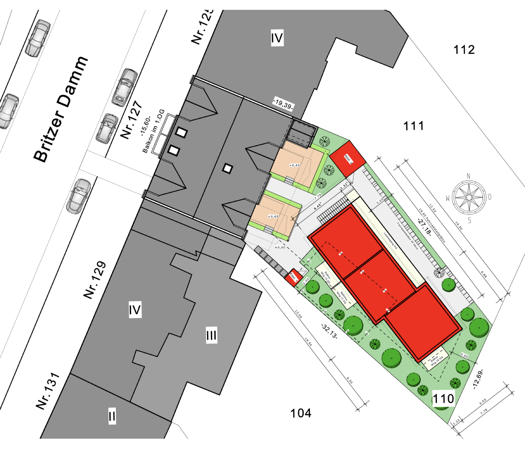 Lageplan mit rot markiertem genehmigten Hofgebäude